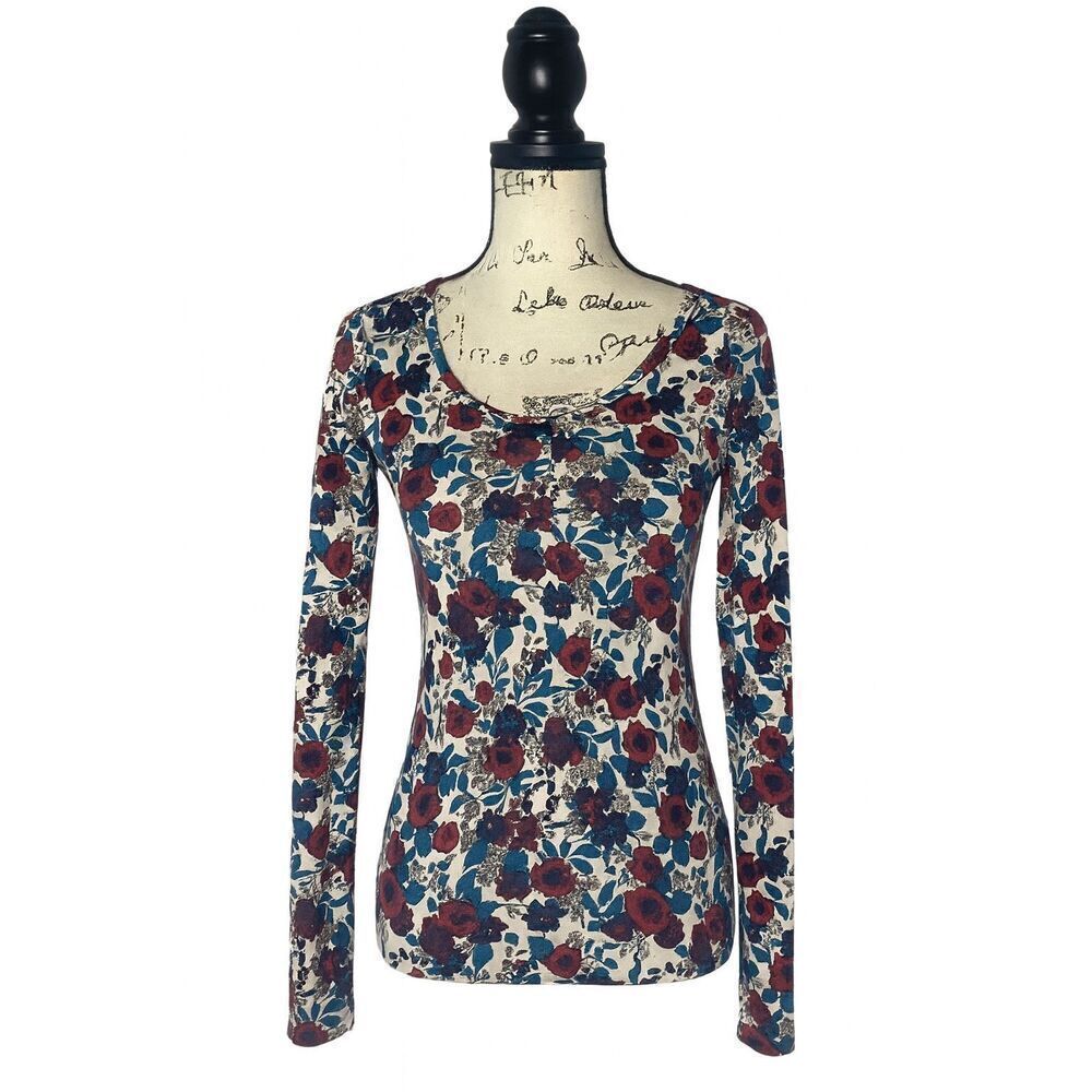 Tezenis Women’s Small Floral Long Sleeve Top Red Blue White Stretch Scoop Neck